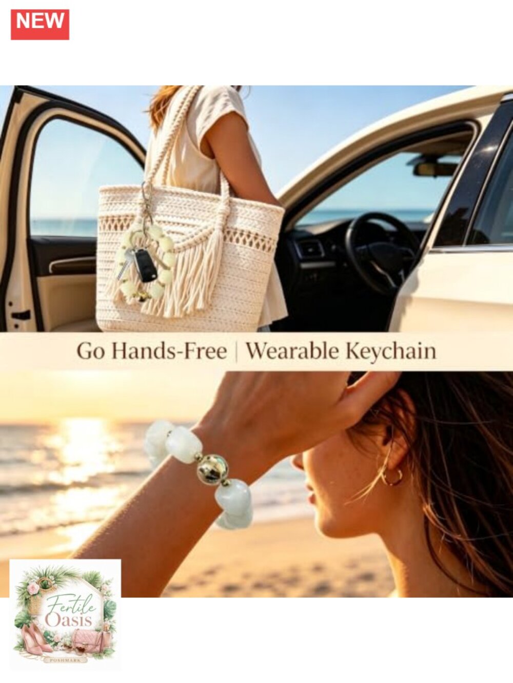 Beaded Wrist Keychain Bracelet - Acrylic, Hands-Free Key Holder, Boho Style - Picture 3 of 6